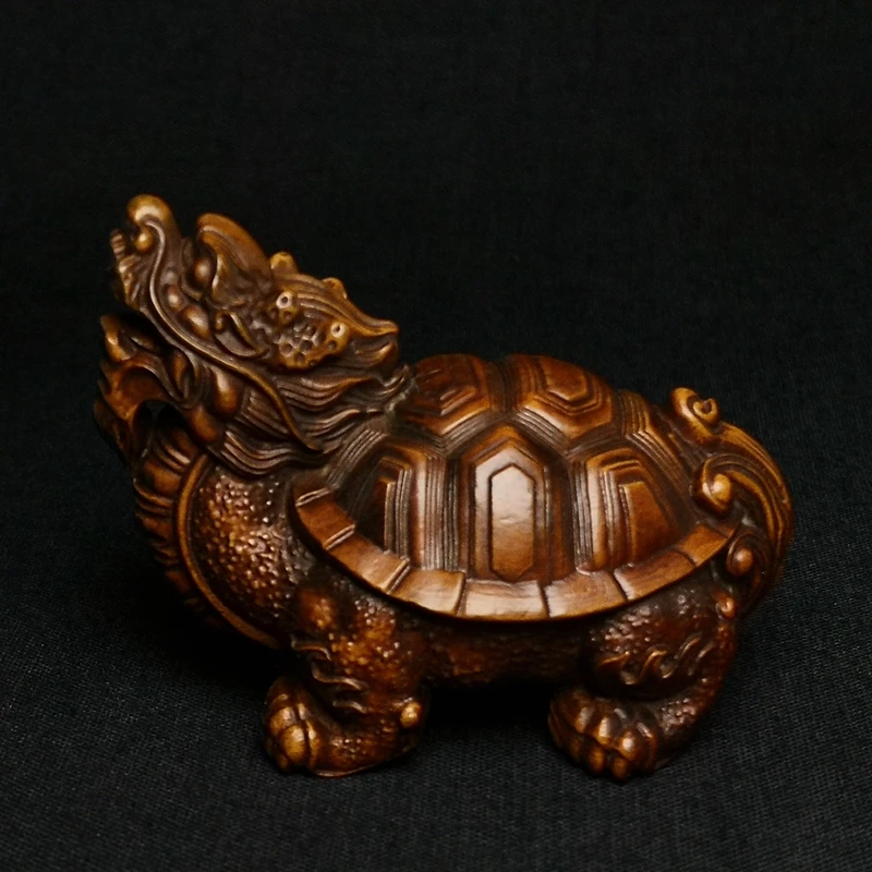 

1919 Antique art Size 2.5 Inch Old Chinese Boxwood Hand carved Dragon Turtle Figure statue Decoration Netsuke Collection