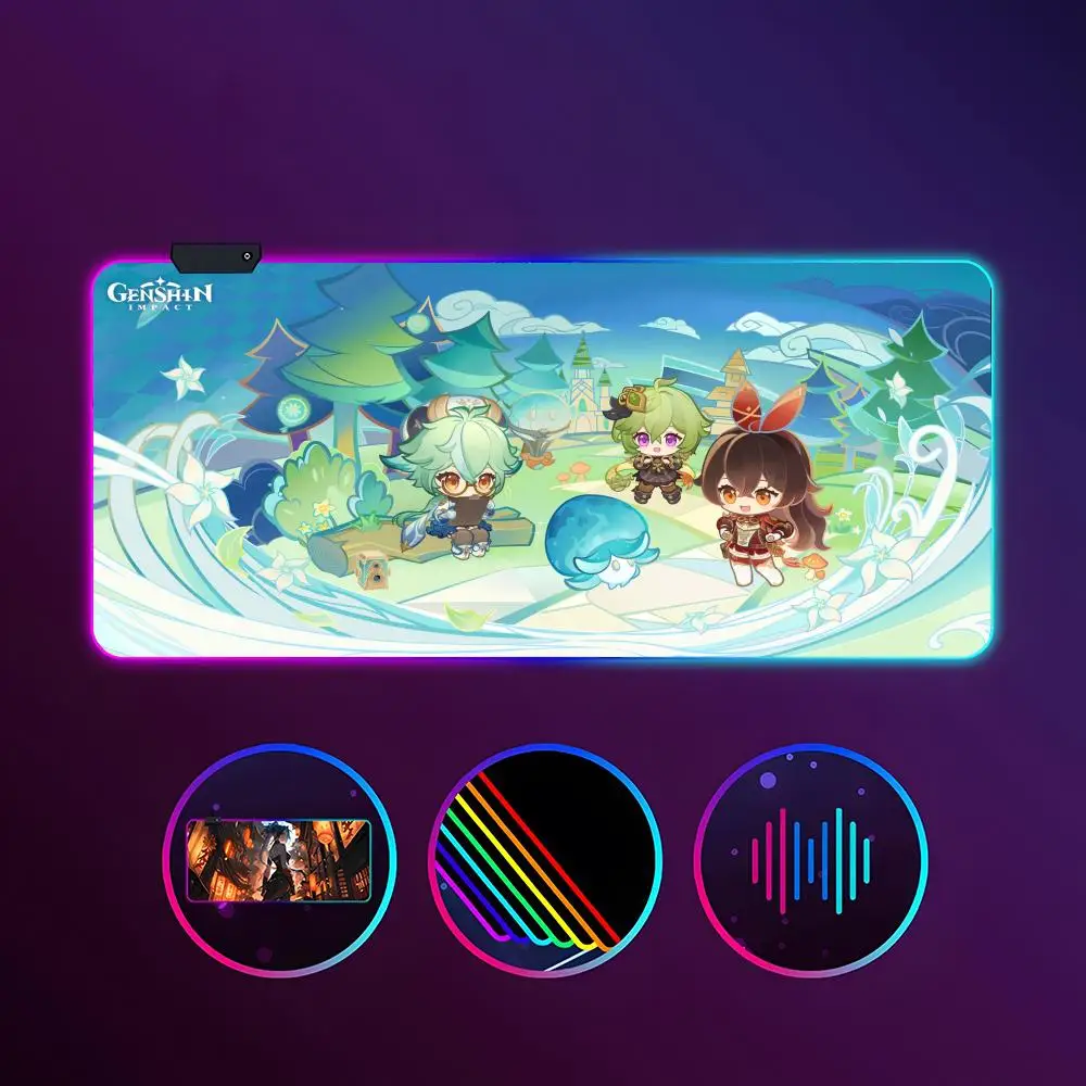 

Game Genshin Impact Stamps Mouse Pad RGB Luminous 900X400mm Large Table Mat Non-slip Extra Large Game Office Mouse Pad