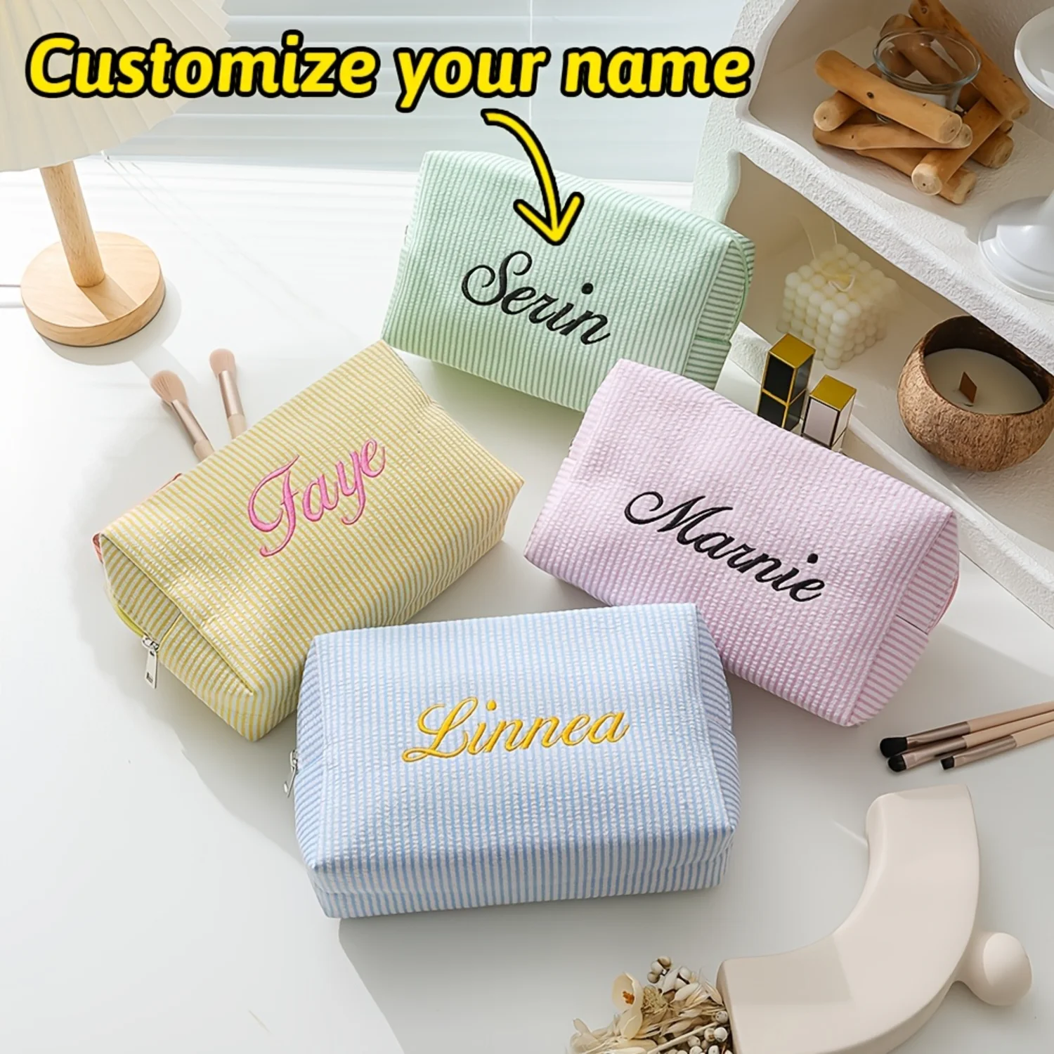 [Custom Embroidery] Portable Makeup Bag with a Durable Zipper Closure; a Spacious, Stylish, and Portable Travel Toiletries Bag,