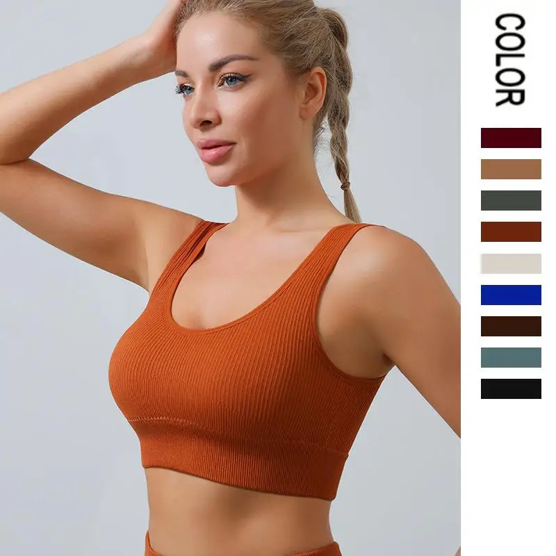 Seamless Ribbed Women Yoga Bra Quick Drying Sports Crop Tops with Breast Pad Solid U Back Gym Top Workout Running Vest