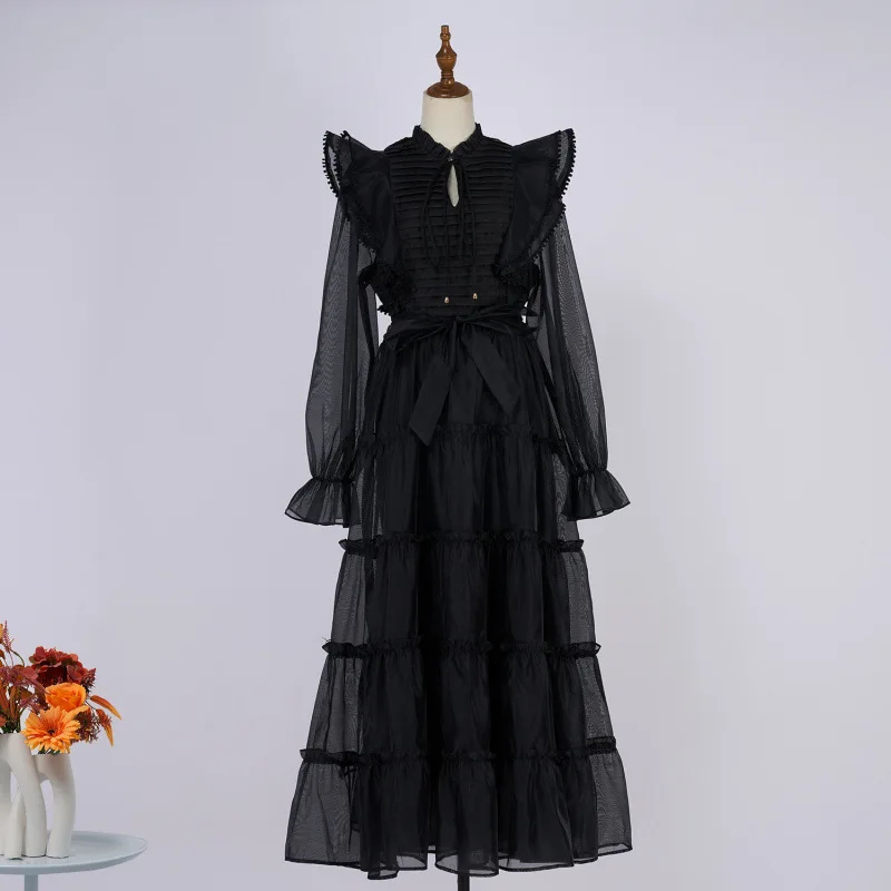 Vestido Longo E com Gola de Babados e Barra em Camadas em 5 Cores Moda Primavera 2025 Gola Alta Manga Longa Outro Mate...