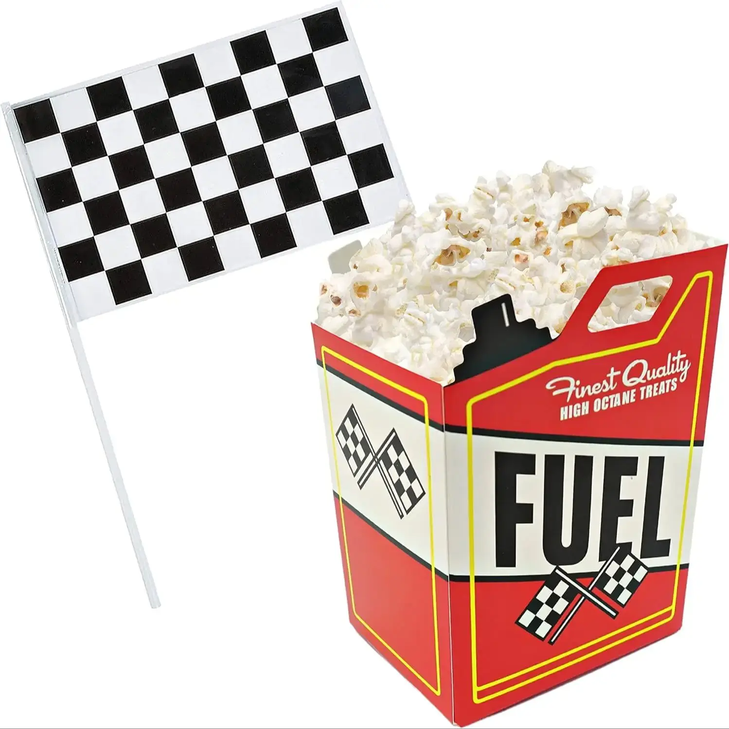 12 Race Car Popcorn Treat Boxes with 12 Checkered Flags, Black and White Racing Flag for Race Car Birthday Party Supplies