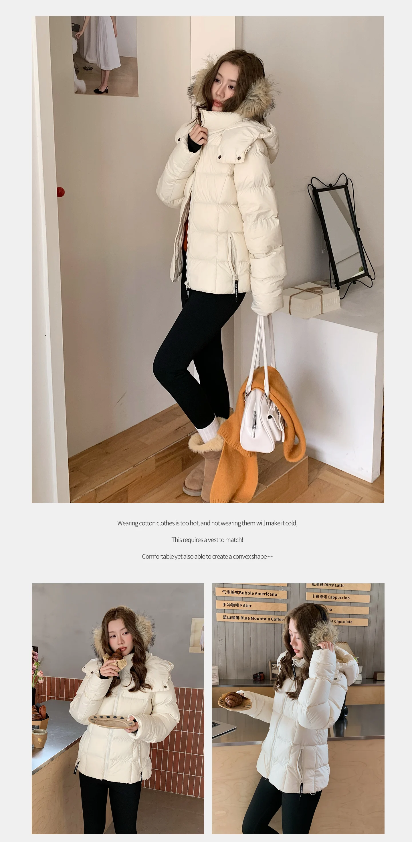 Winter Solid Color Long-sleeved Short Fur Collar Hooded Down Jacket Korean Women's Holiday Fashion Versatile and Thin Coat