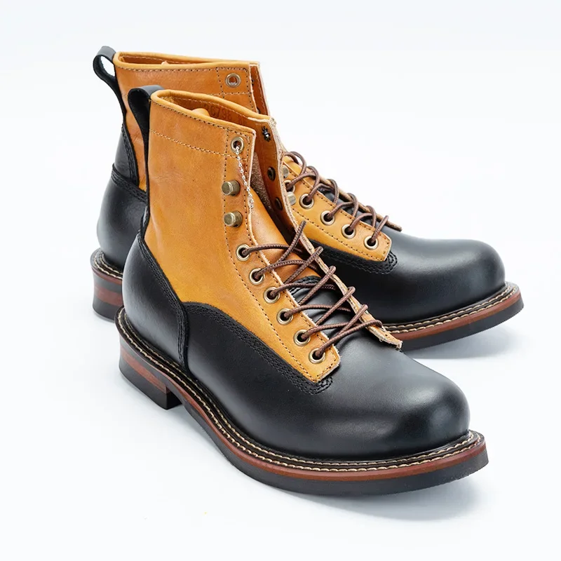 First Layer Cow Leather Retro Tooling Boots Men's Leather Stitching Round Toe Short Boots Men Black