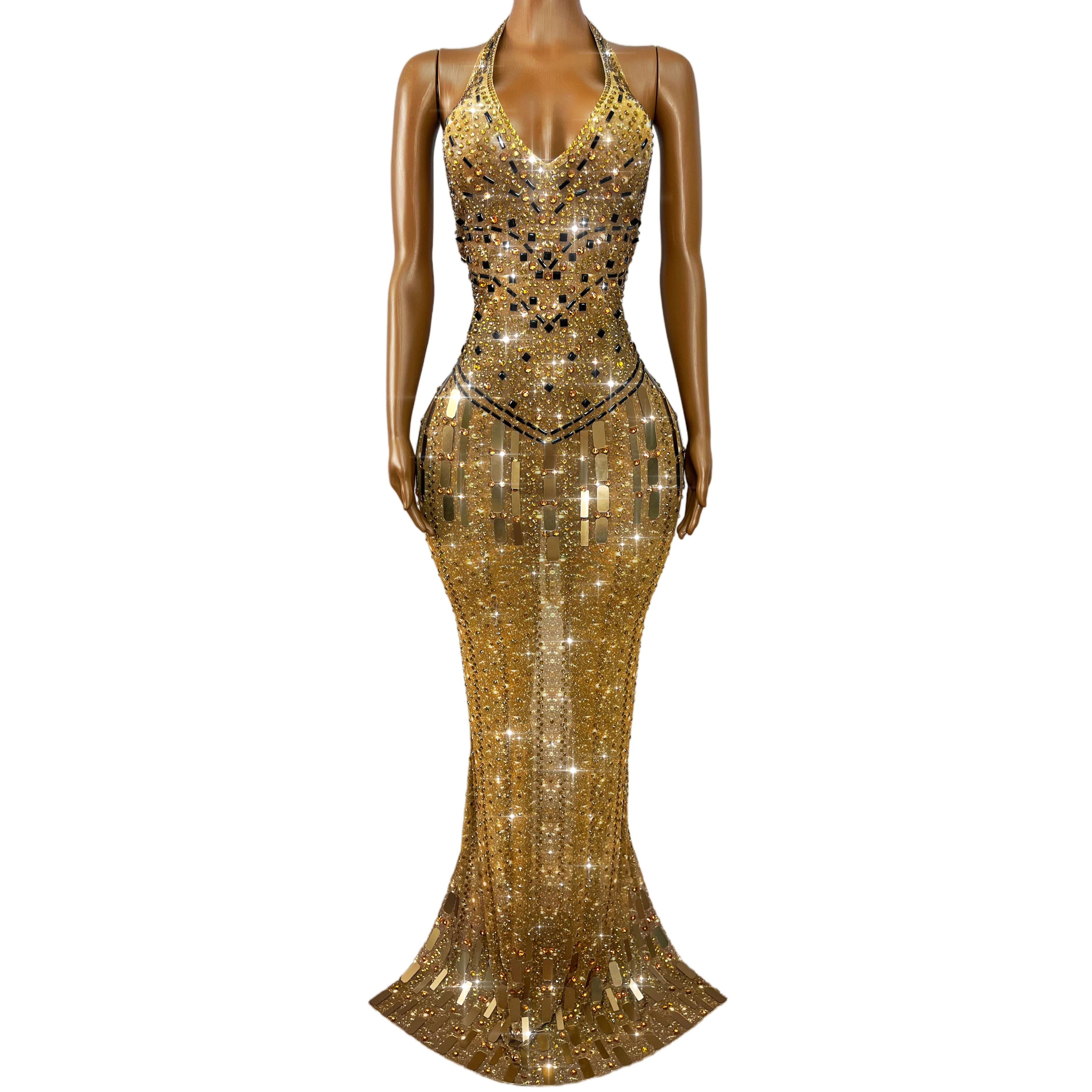 High-end Shiny Mirrors Rhinestones V-neck Backless Evening Dress Sexy Cocktail Party Gown Red Carpet Stage Outfit Gutongjingpian view 2