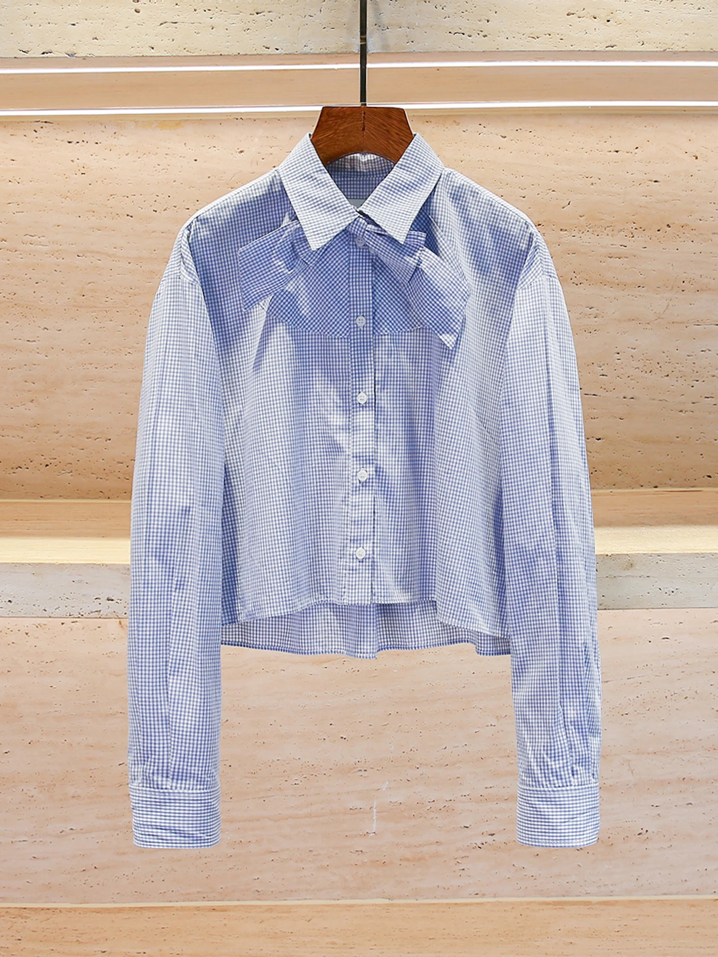 

S Home Nan You High End Women's Casual Plaid irt Spring Autumn New Sle Knot Top Fem Straight Cut Commute Sle