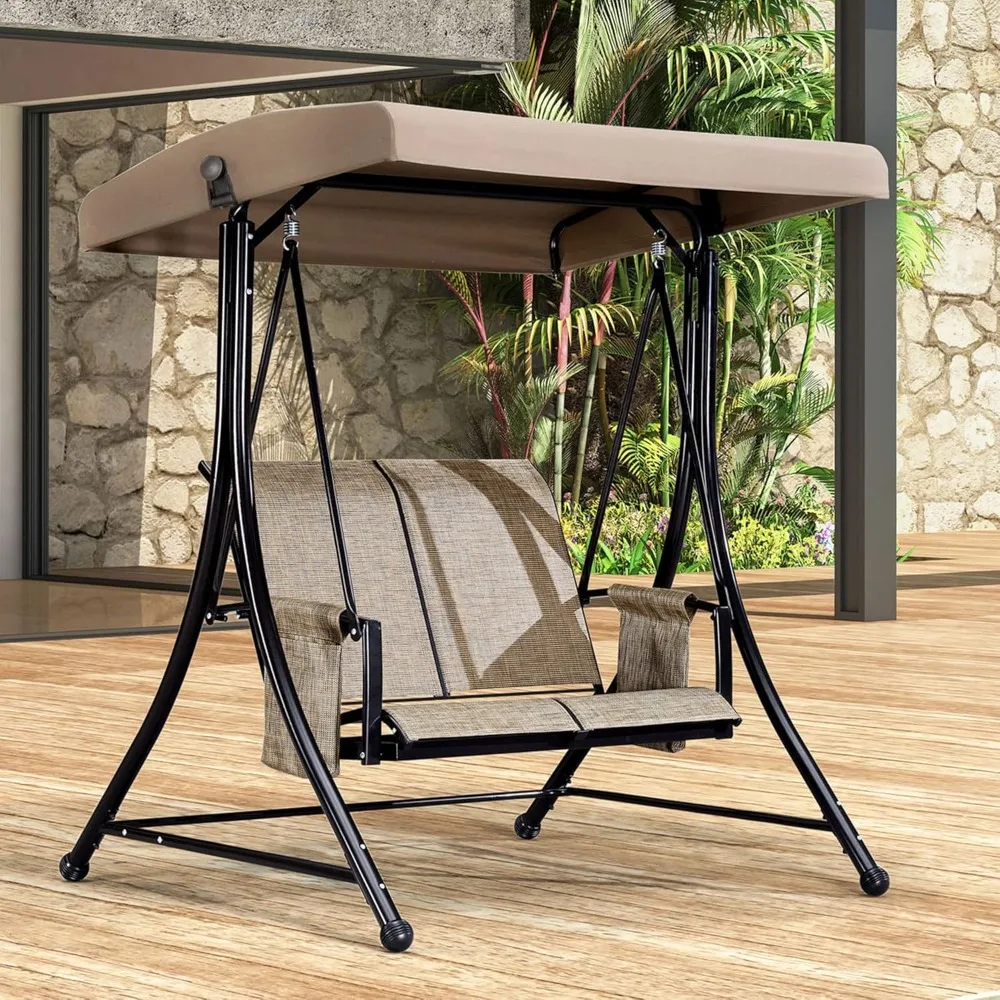 

2-Seat Deluxe Outdoor Patio Porch Swing with Weather Resistant Steel Frame, Adjustable Tilt Canopy, Beige