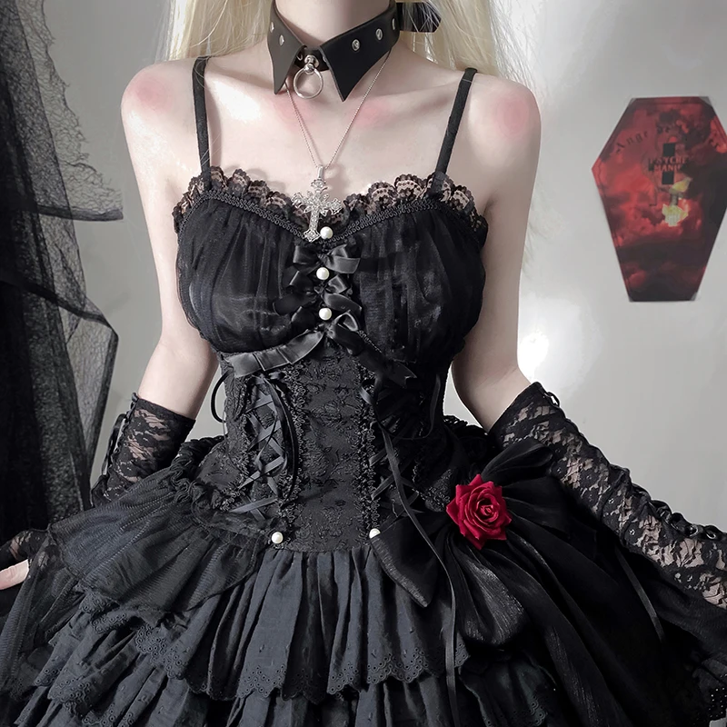 Robe courte noire à bretelles pour femmes, sous-culture originale, Halloween Cos Lolita, Jsk, coupe cintrée, élégante, rétro, été