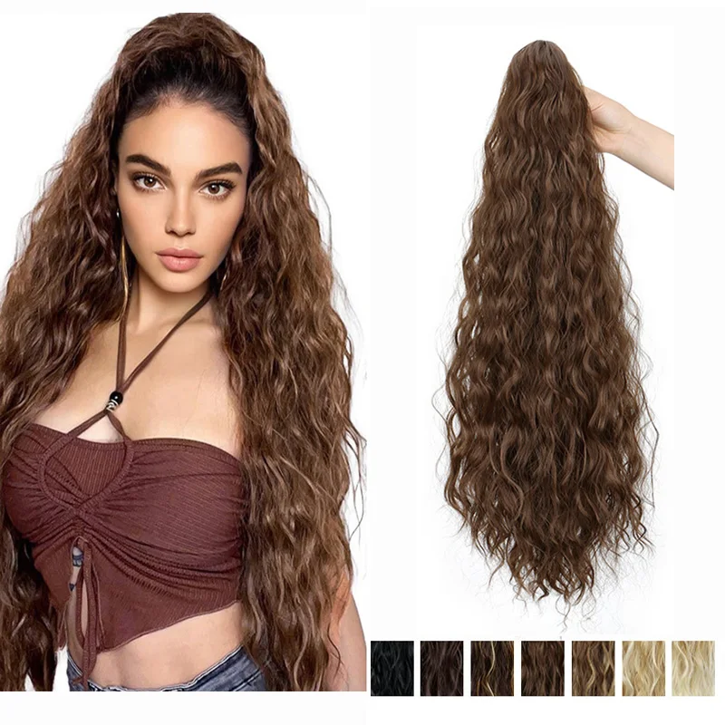 26 Inch Synthetic Long Kinky Curly Ponytail Hair Extension Drawstring Wrapped Clip in Hair Black Hairpiecefor Women