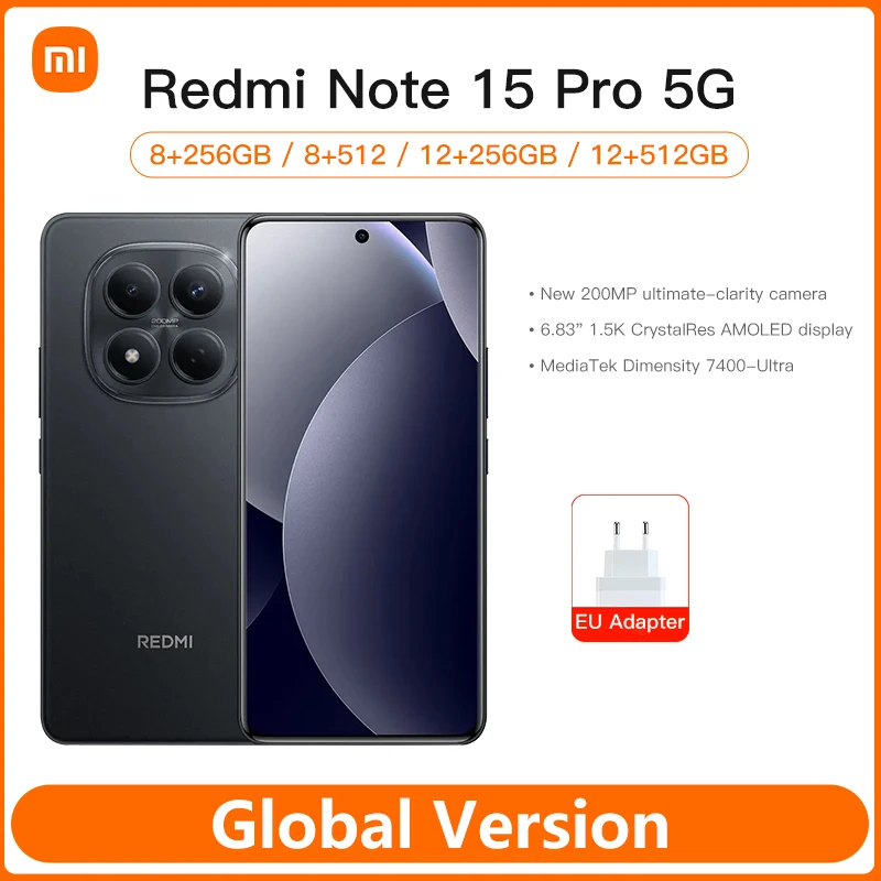 Смартфон Xiaomi Redmi Note 15 Pro 5G, глобальная версия, процессор MediaTek Dimensity 7400-Ultra, 6.83-дюймовый AMOLED-дисплей, основная камера 200 МП