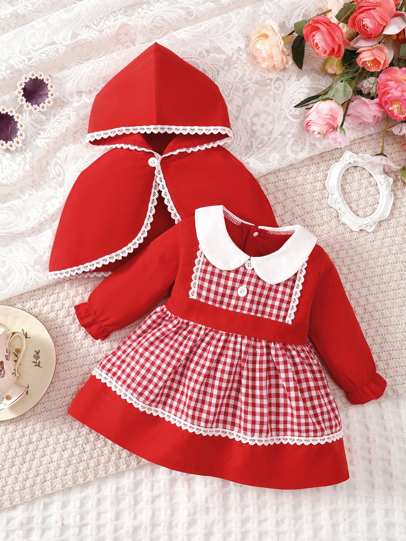 Baby Girl Spring And Autumn Cute, Elegant, Sweet Lace Splicing Grid Puff Dress And Cloak Coat