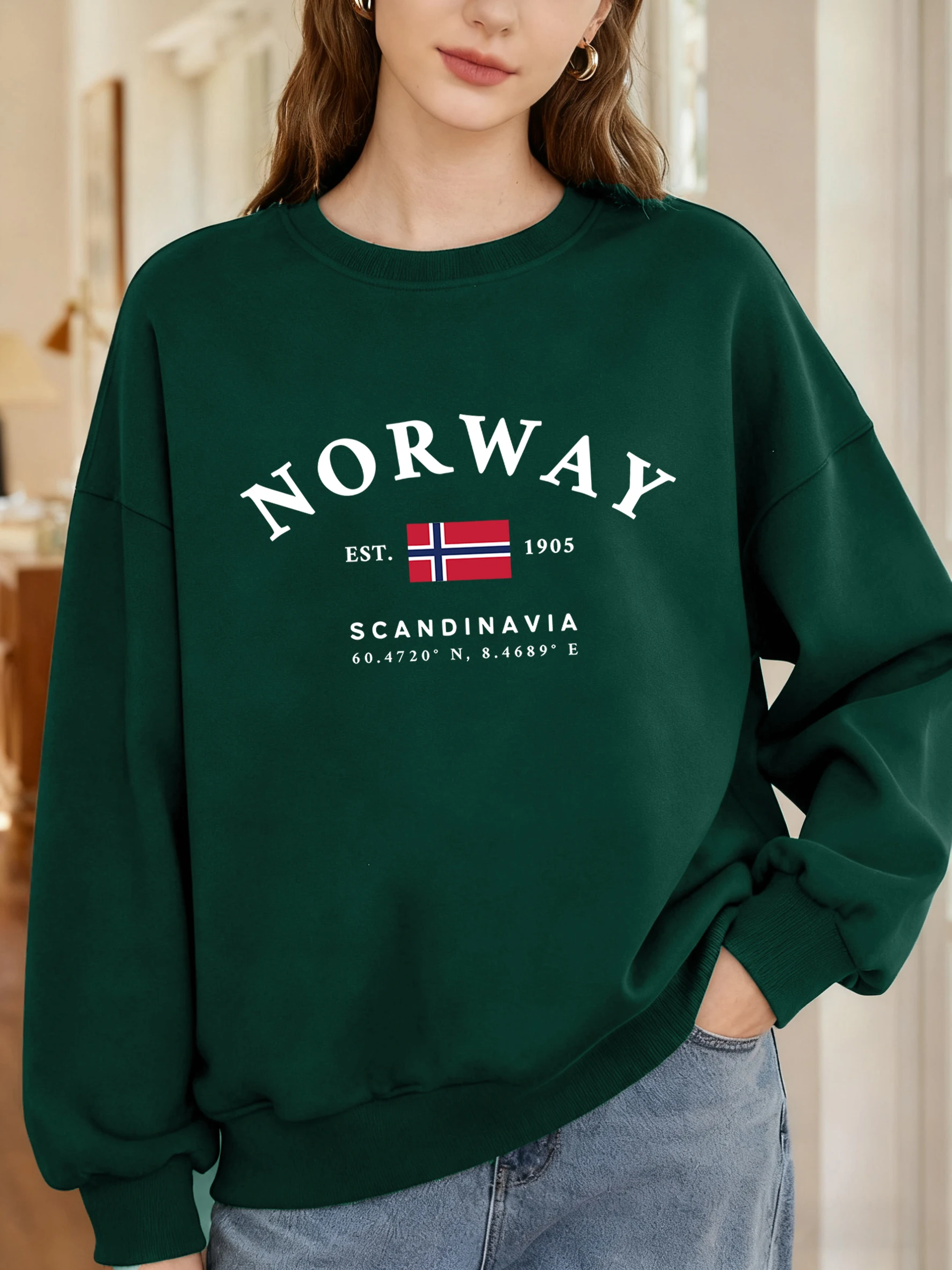Norway Sandinavia Letter And Flag Design Sweatshirt Women Street Autumn Pullover Oversize Casual Sportswear Crewneck Clothes