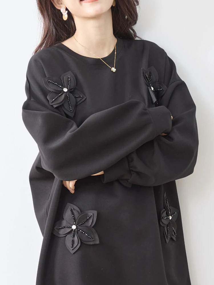 Korean Fashion Black Sweatshirts Women 2024 New Fall Winter Long Sleeve Loose Casual Tops Pullovers Female Beaded Hooded Jumper