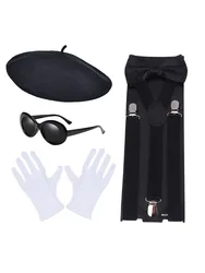 PESENAR Mime Artist Accessories 6Pcs with Beret Hat Suspender Scarf Gloves Face Paint Socks for Halloween mime Costume