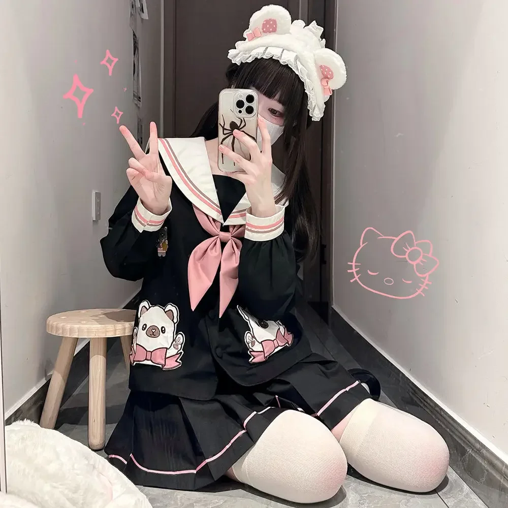 Black and Pink Princess JK Uniform Sailor Suit with Cute Bear Headband Japanese Korean Style Kindergarten Dress Spring Event