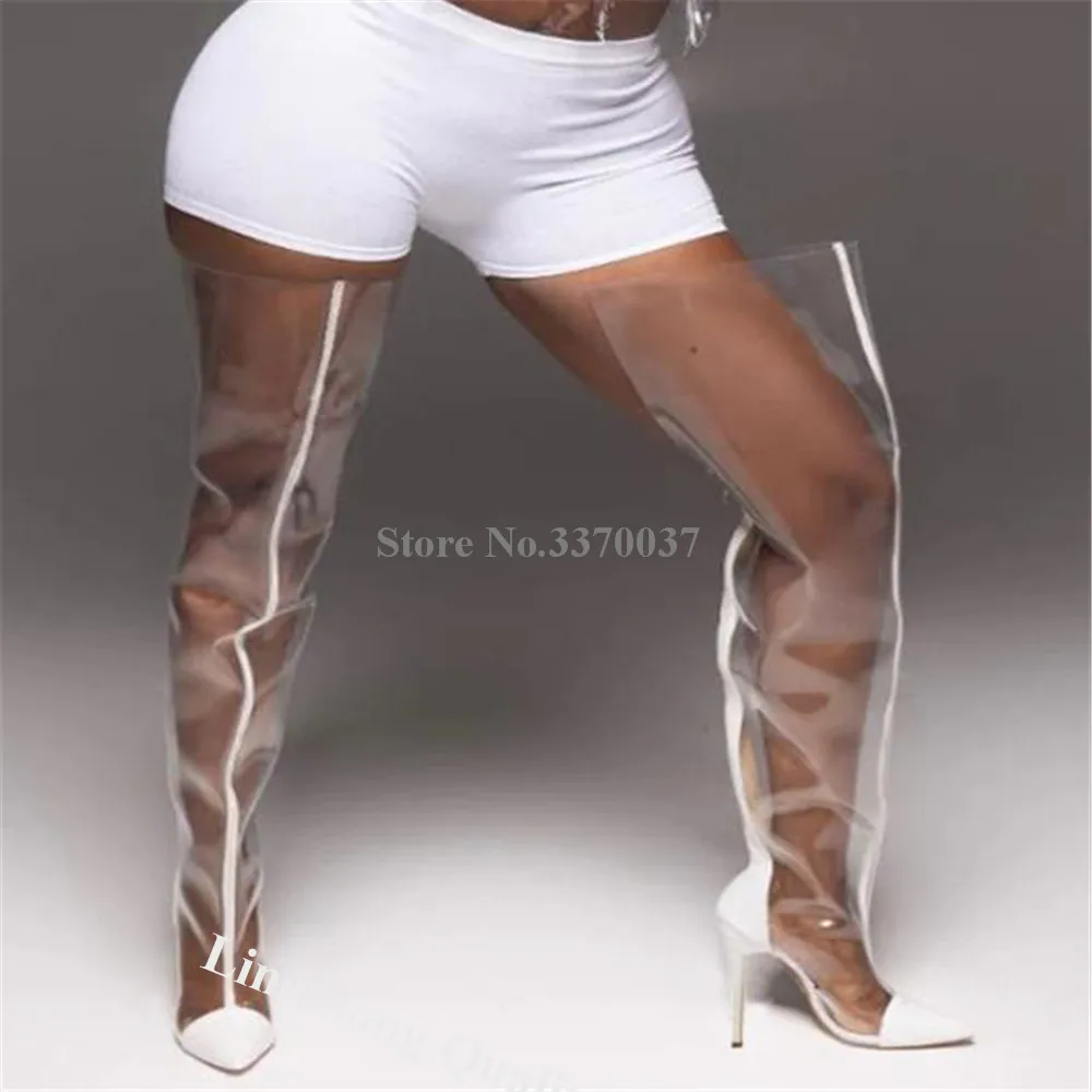 Linamong White Patent Leather Patchwork Clear PVC Thin Heel Over Knee Boots Sexy Pointed Toe Transparent Stiletto Heel Long Boot