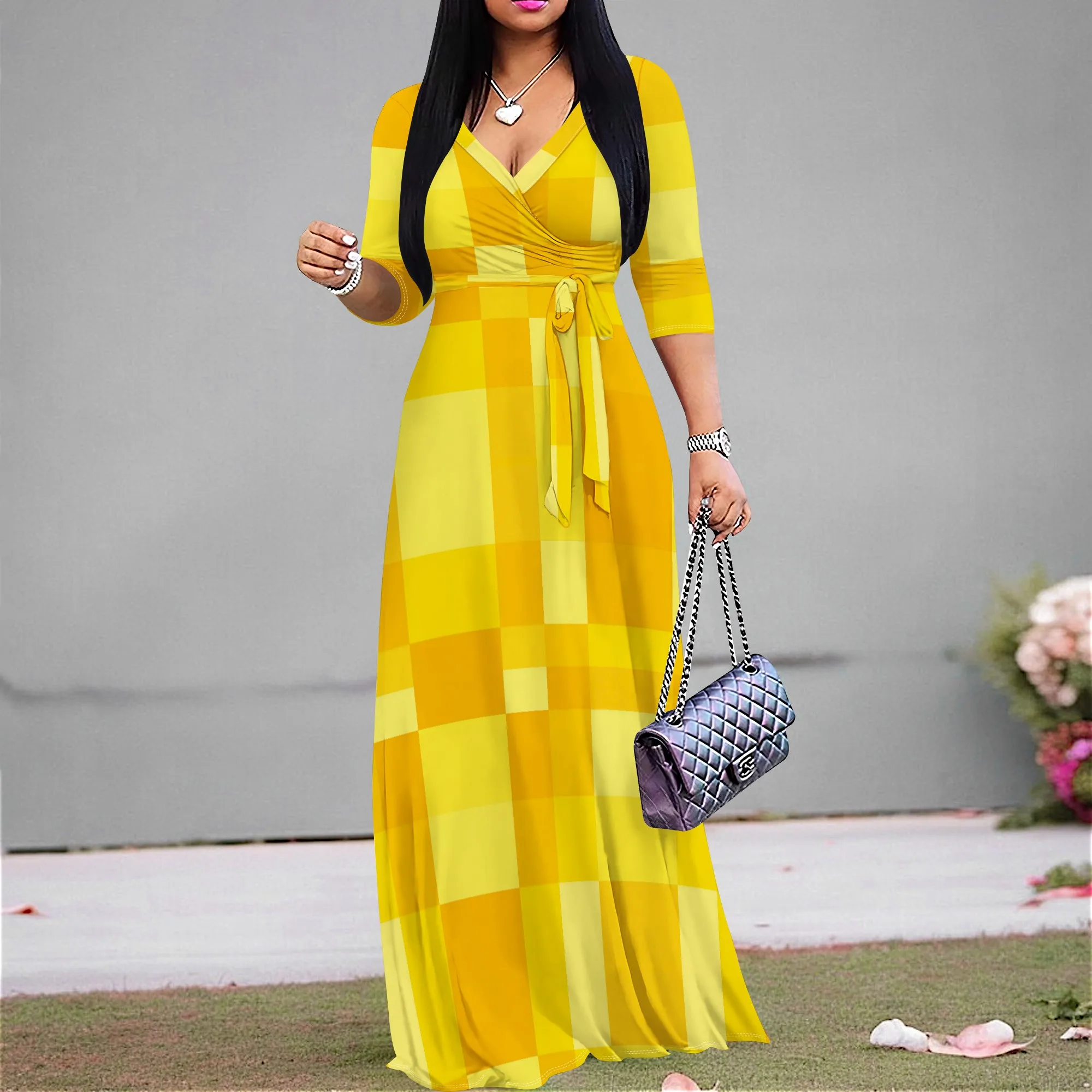 

Women's Yellow Plaid Print Wrap Maxi Dress S-3XL Elegant Tie Waist V-Neck Style for Summer Picnic & Vacation 2025