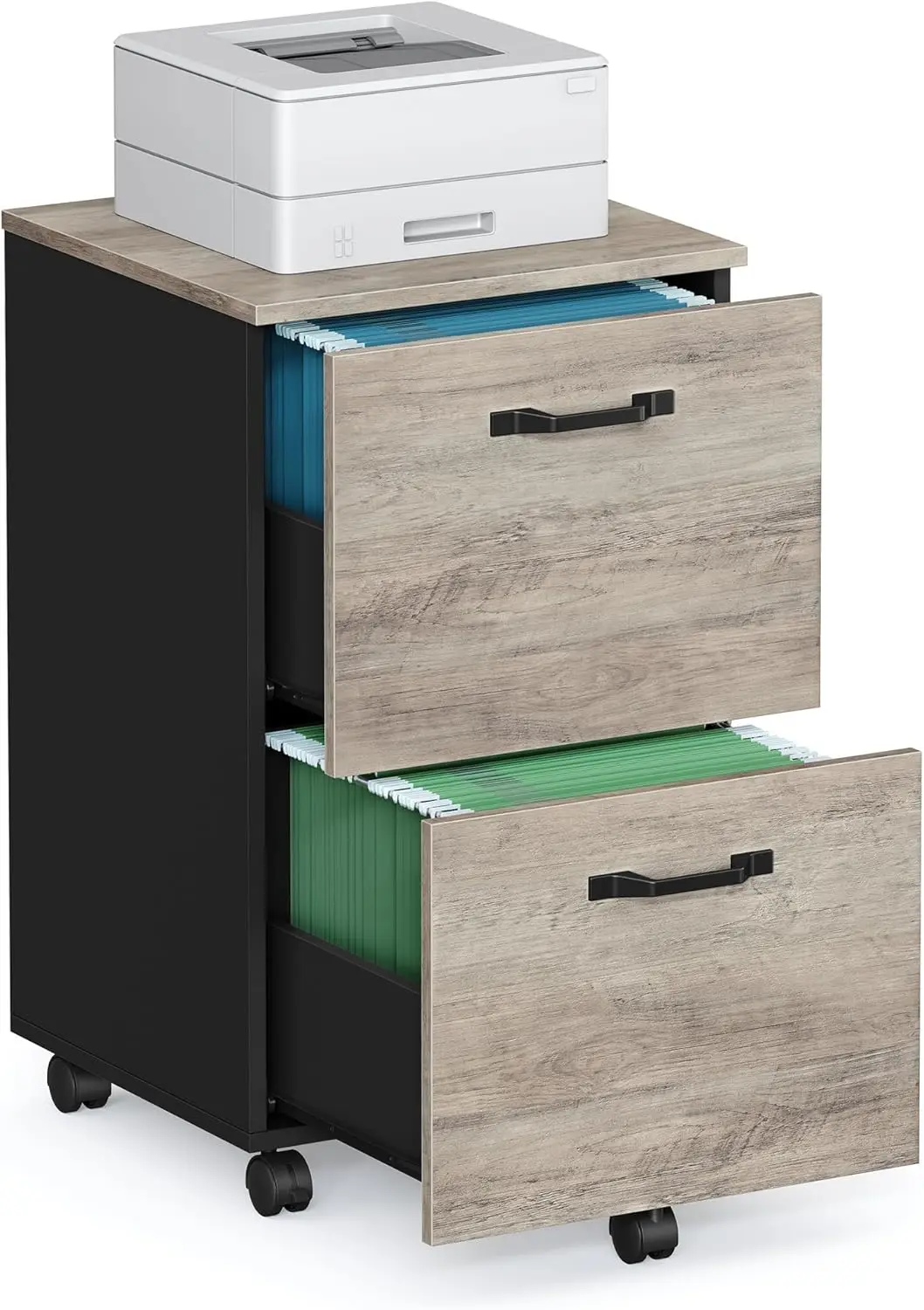 Double drawer filing cabinet, home office filing cabinet, suitable for A4 and letter size documents, gray and black