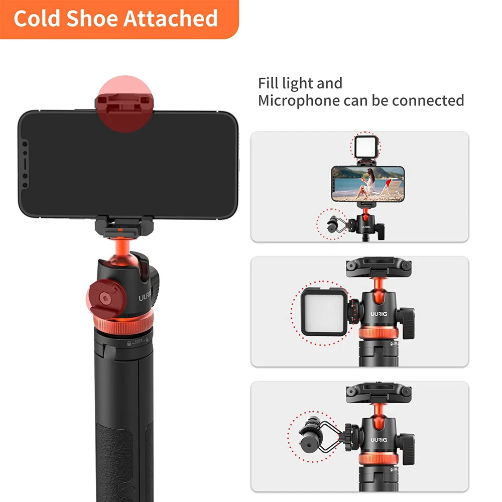 UURIG 5 Section Extend Phone Tripod DSLR Camera Tripods with Phone Mount Holder for Smartphone Mic Led Light Video Livestream