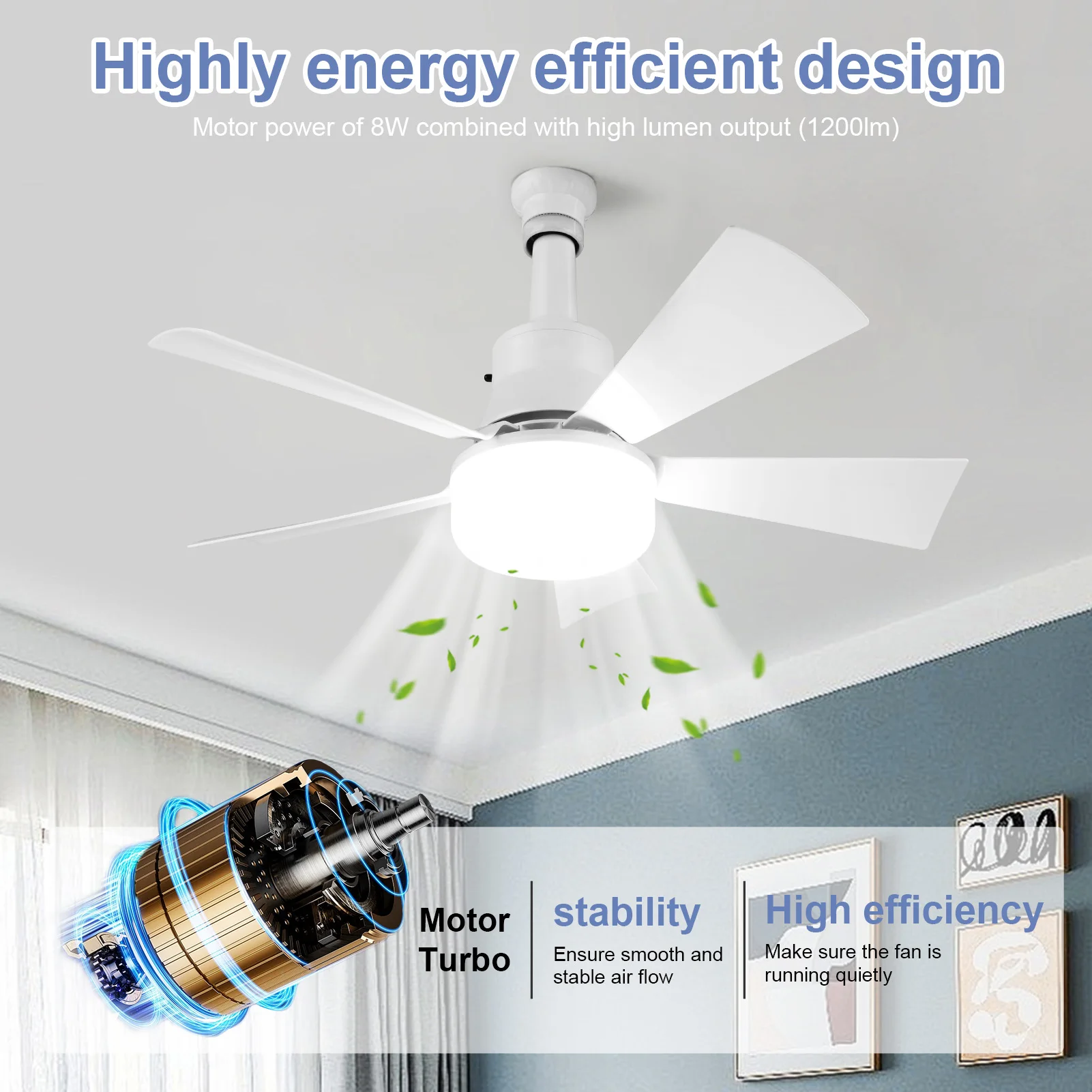 2-in-1 Small Ceiling Fan with Remote Control Wireless Fans 3 Light Colors Timing for Bedroom Kitchen Office Home for Living Room