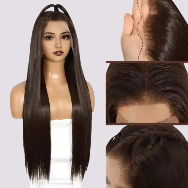 

Chocolate brown 13x4 straight lace synthetic wig, Brazilian lace front wig, perfect for women, for everyday cosplay and parties
