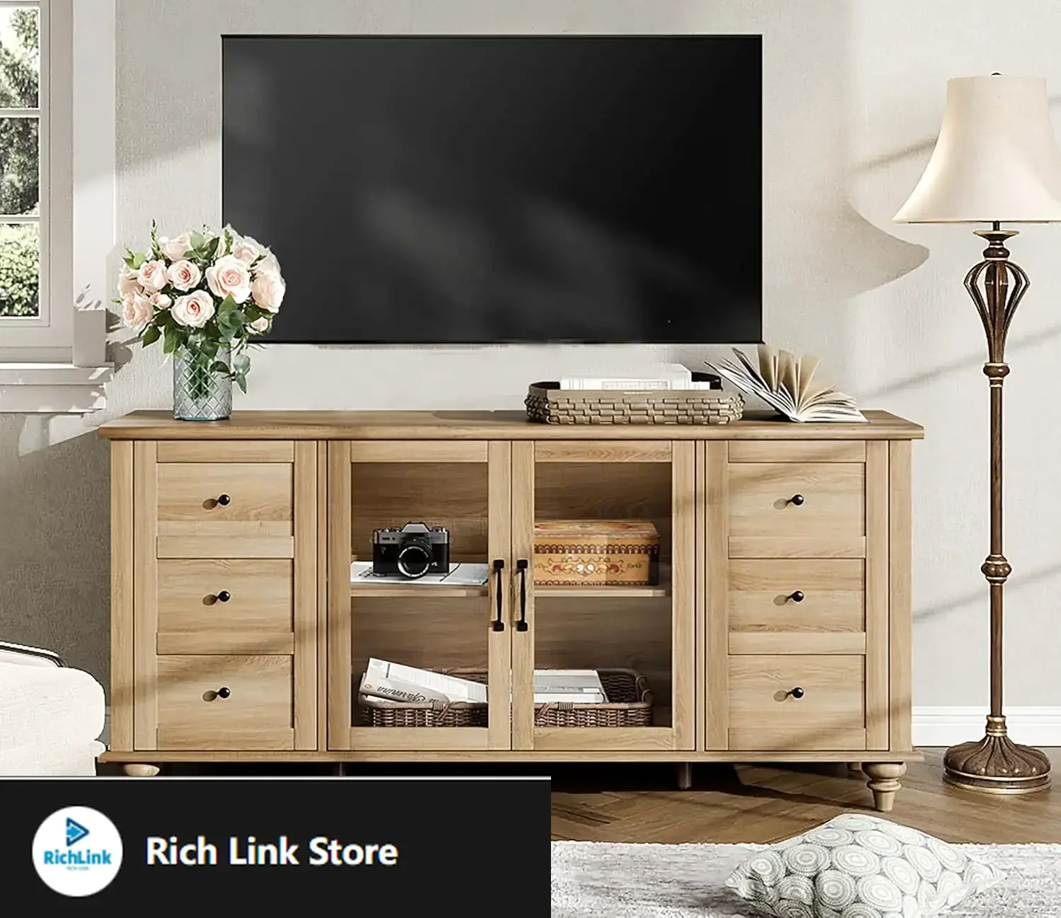 

Подставка для телевизора в фермерском доме, деревянный универсальный консольный столик для телевизора, развлекательный центр для шкафа для консоли для телевизора 32–75 дюймов, 58 дюймов, дуб