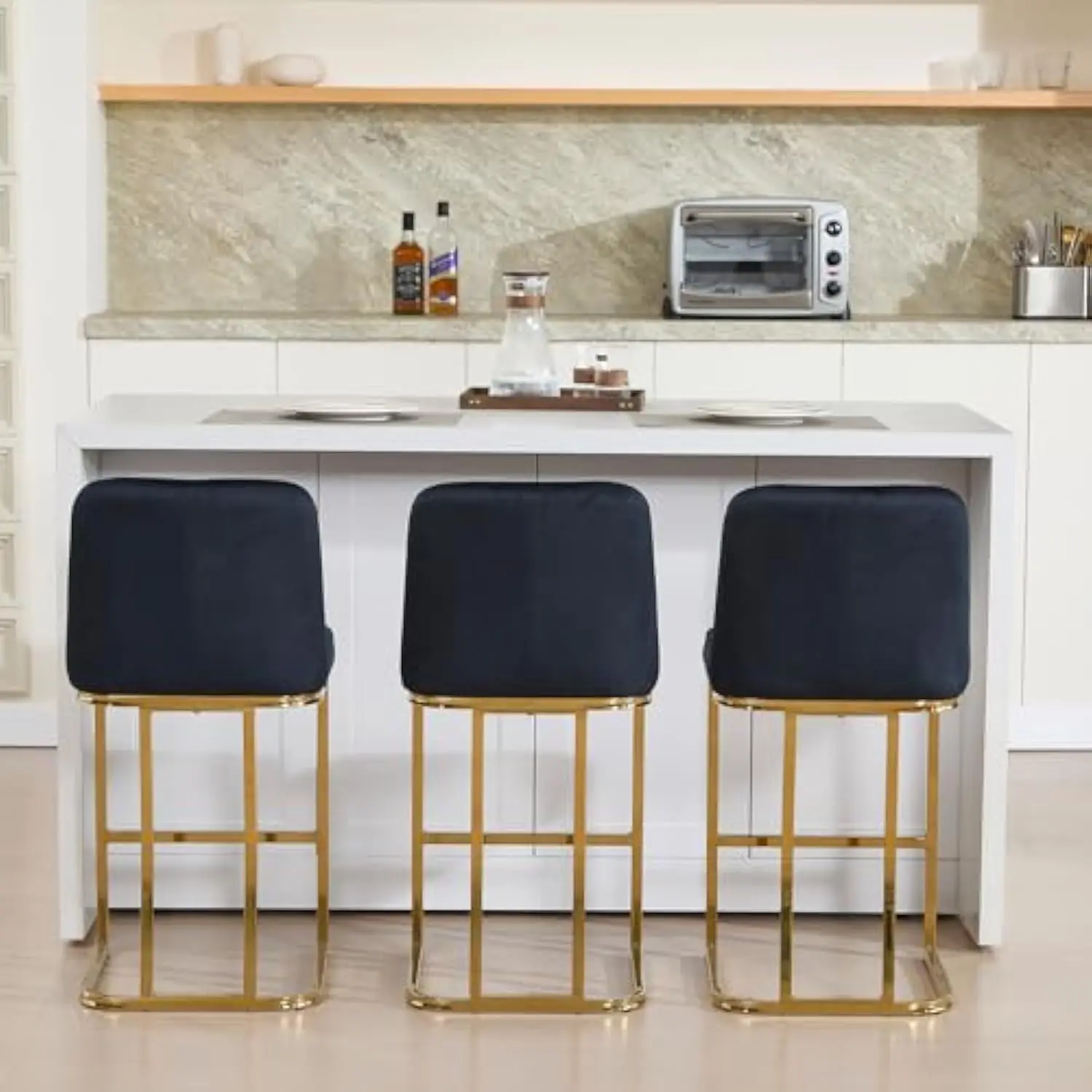 

24''H Counter Height Bar Stools Set of 3, Modern Velvet Counter Stools with Back, Comfy Gold Barstools Upholstered Bar Chairs F