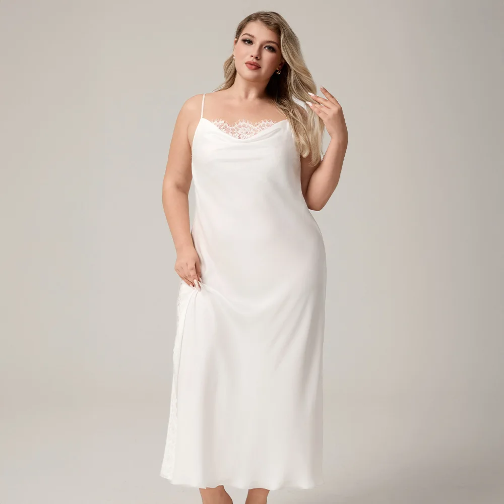 

New plus size ladies satin chiffon suspenders lace nightdress sexy and comfortable nightdress long nightdress queen-size woman