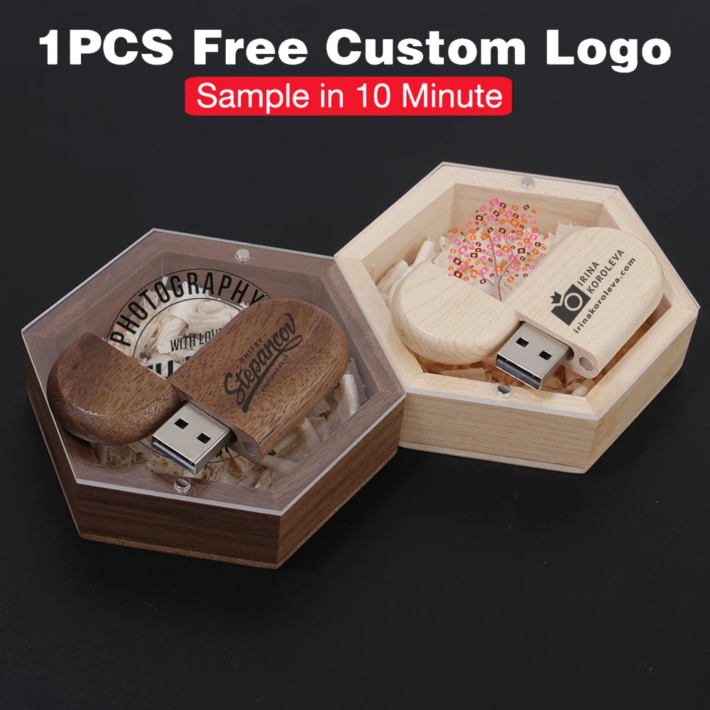 

Wooden USB Flash Drive Free Custom Logo Pen Drive 64GB 32GB Hexagon Box Memory Stick Creative Wedding Gift for Laptop USB Stick