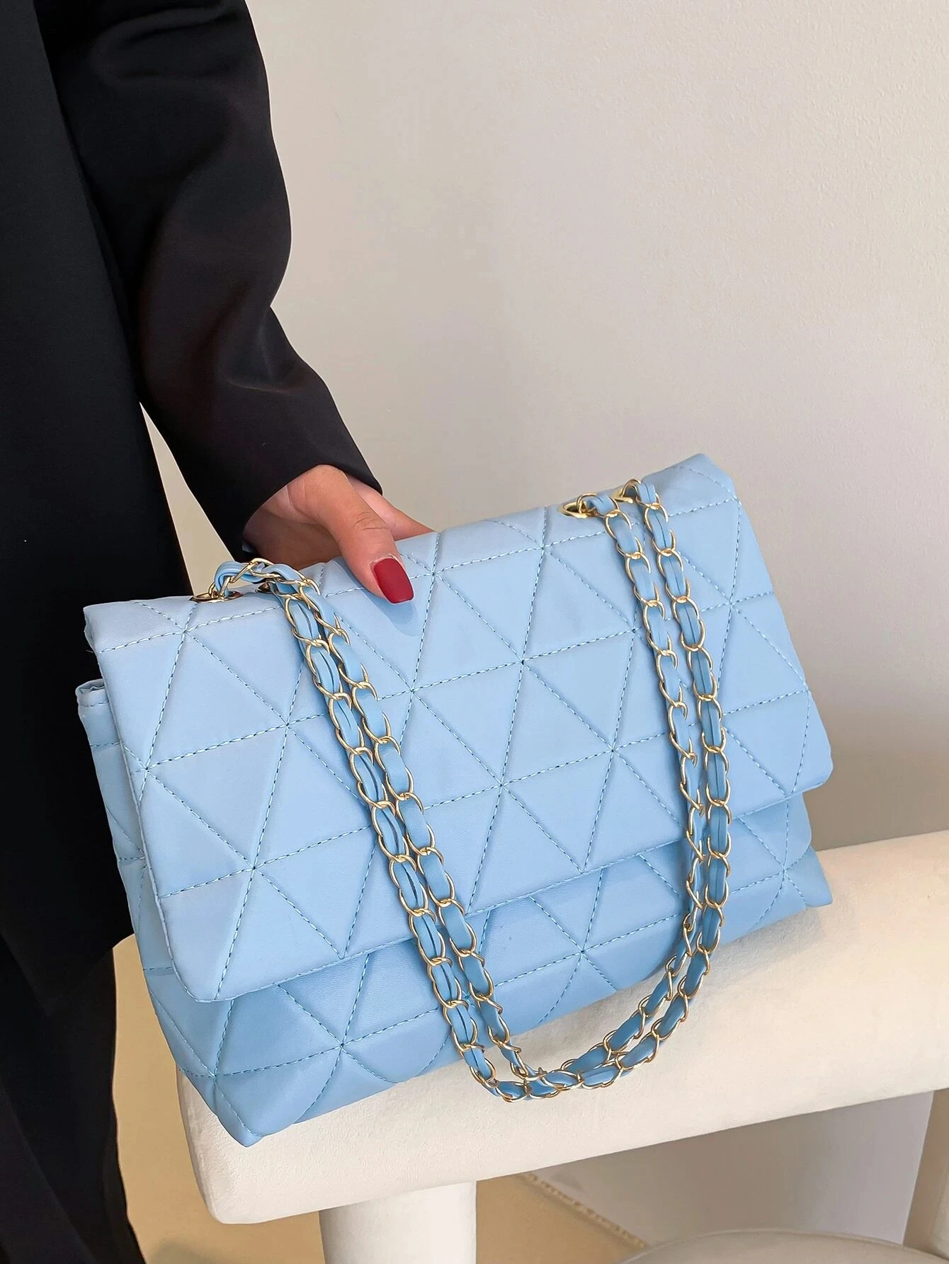 

Fashion Blue Pu Flap Bag Golden Large Capacity Niche Geometric Handbag Women's Bag Embroidery Thread Metal Chain Shoulder Bag