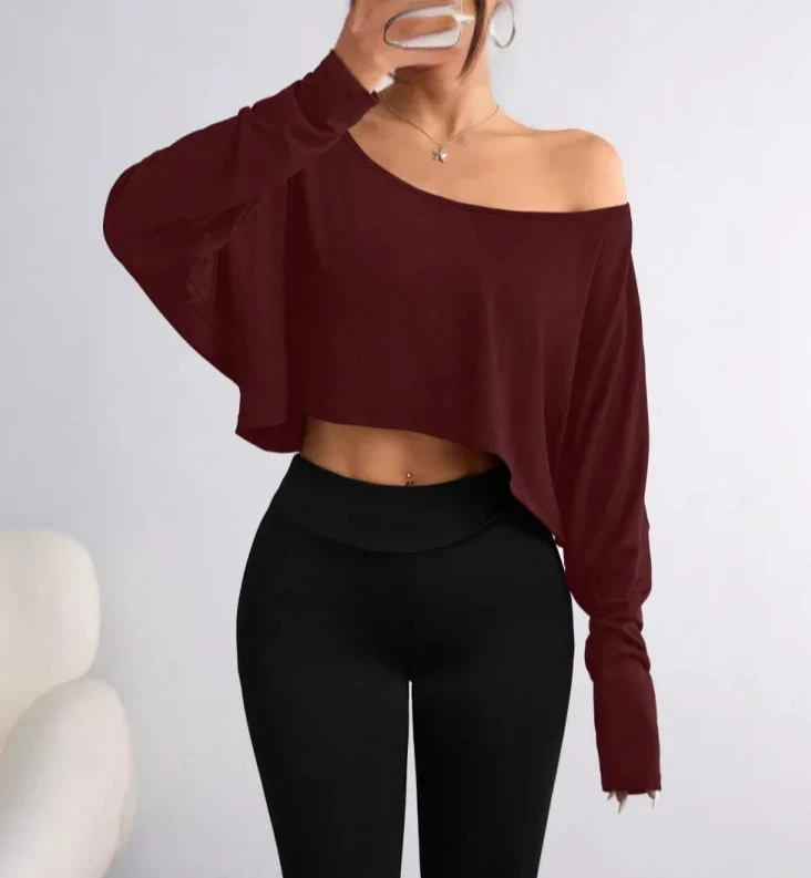 تي شيرت عصري بقاعدة فضفاضة على الكتف وأكمام طويلة وإحساس الجليد للربيع والصيف ملابس نسائية أساسية