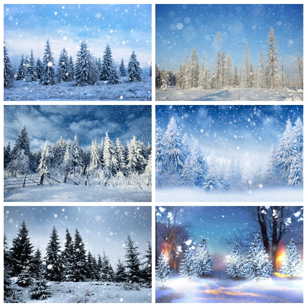 Winter Snow Scene Portrait Photography Backdrop Pine Trees Snowflakes Winter Natural Landscape Photobooth Background Photo Props