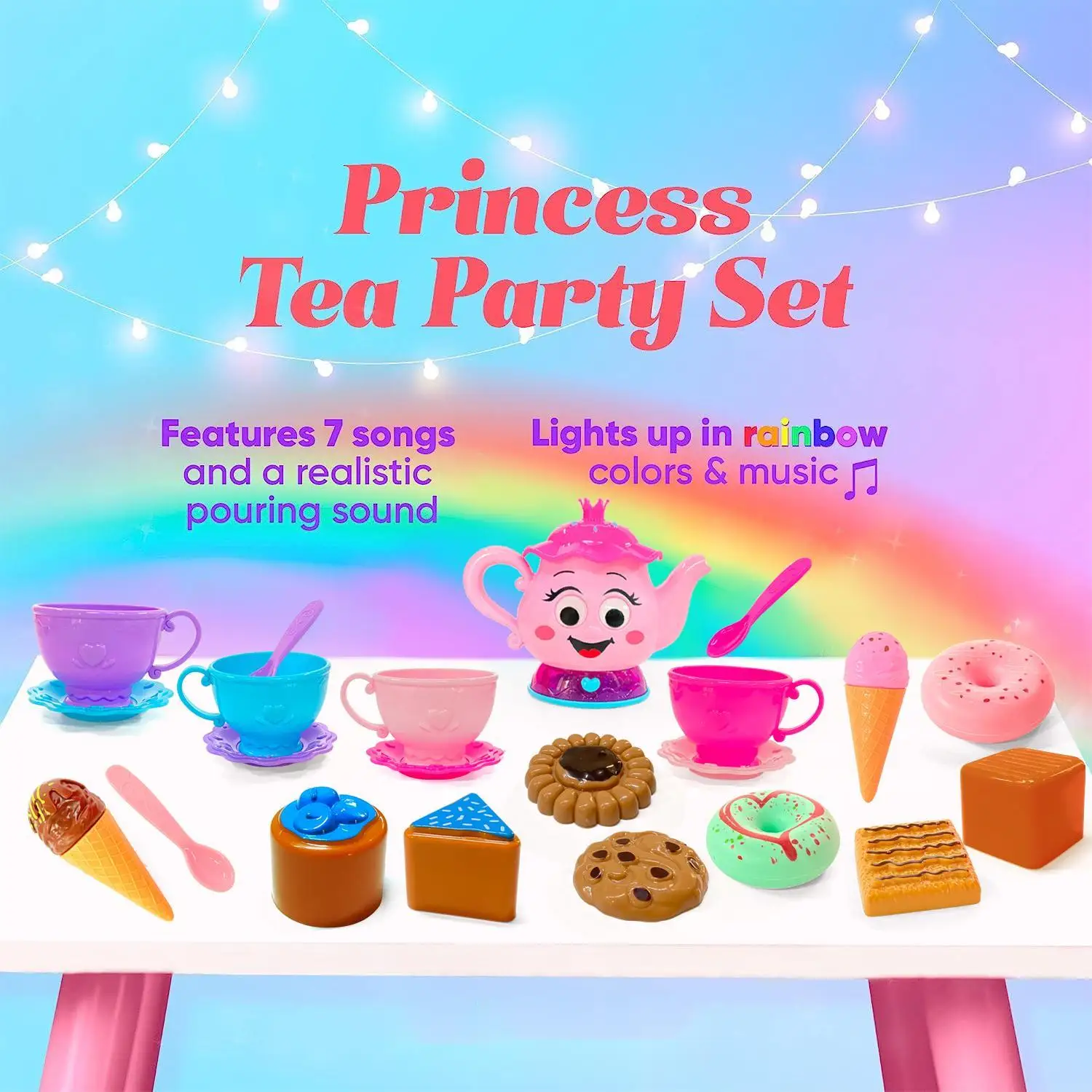 23 PCS Zestaw na podwieczorek dla małych dziewczynek 3-5 lat z czajniczkiem Filiżanka do herbaty Muzyka i światło Zabawka do zabawy w jedzenie Akcesoria kuchenne dla dzieci