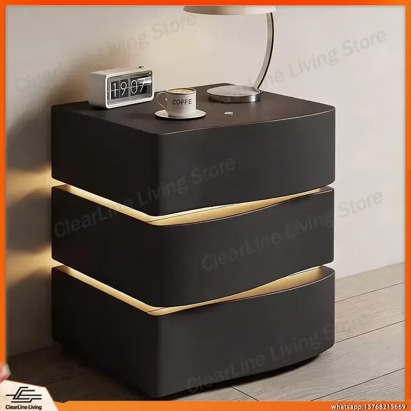 

Modern Bedside Table with 3 Drawers LED Lights High Density Storage Bedroom Nightstand Small Space Friendly Minimalist Design