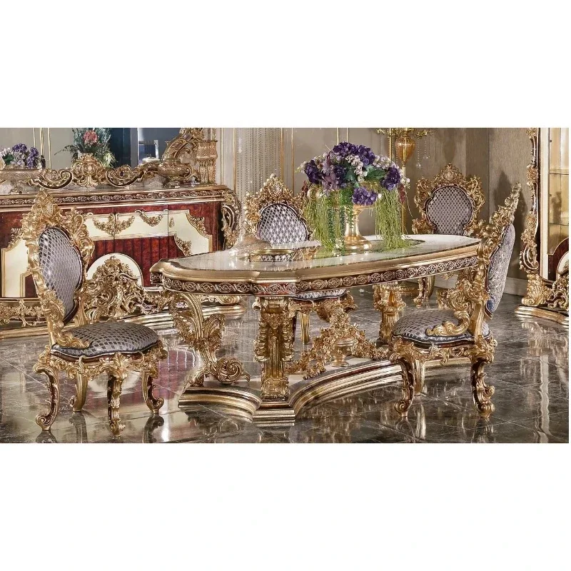 Selected Good Luxury Wooden Dining Room Furniture Set Classic Royal Family Antique Gold Hand Carved Dining Table With Chairs