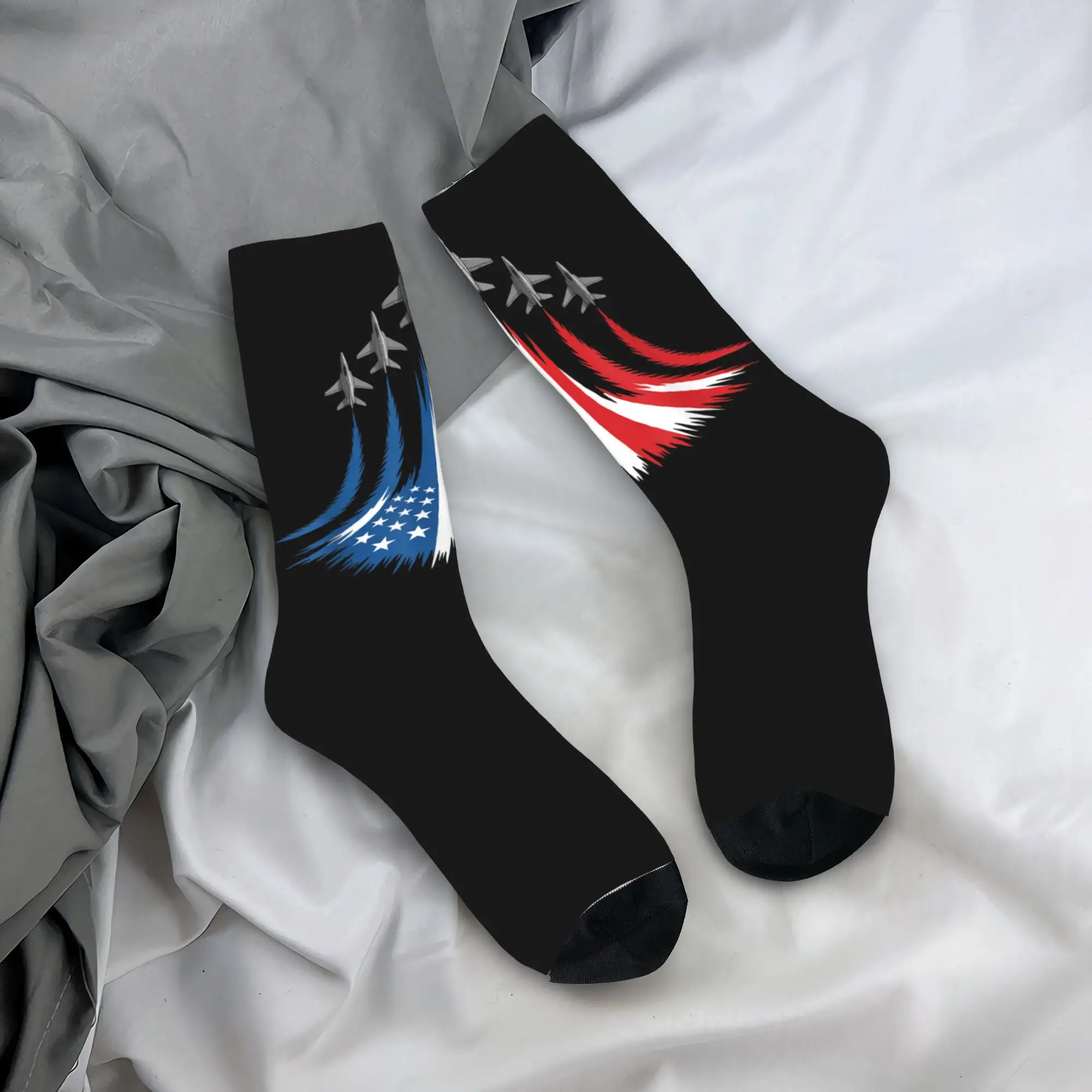 

Red White Blue USA Flag Fighter Jets 4th of July Socks Elegant Stockings Unisex Men Socks Winter Design Anti Bacterial Socks