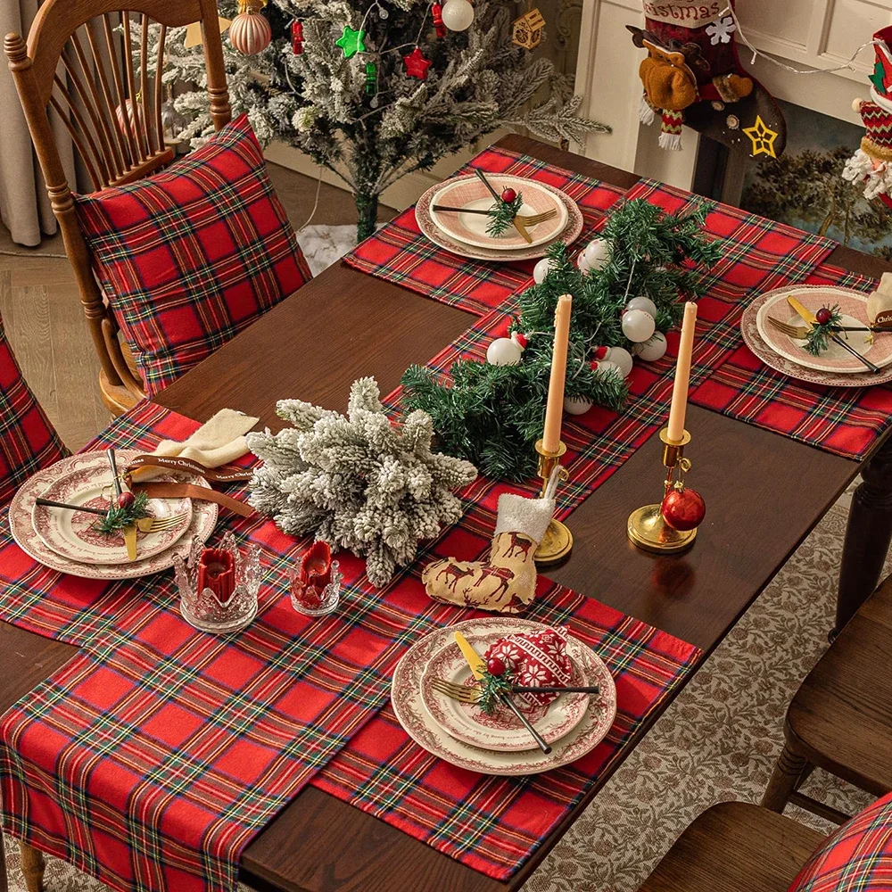 4pcs Christmas Placemats Red Checkered Linen Place Mats Red Black Plaid Placemat Decorative Kitchen for Christmas Table Home