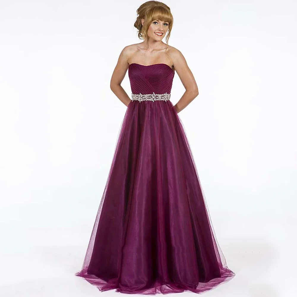 

Strapless Sleeveless Birthday Party Dress Pleat Plus Size Tulle A-line Floor Length Evening Gowns with Crystal Sash Prom Gowns