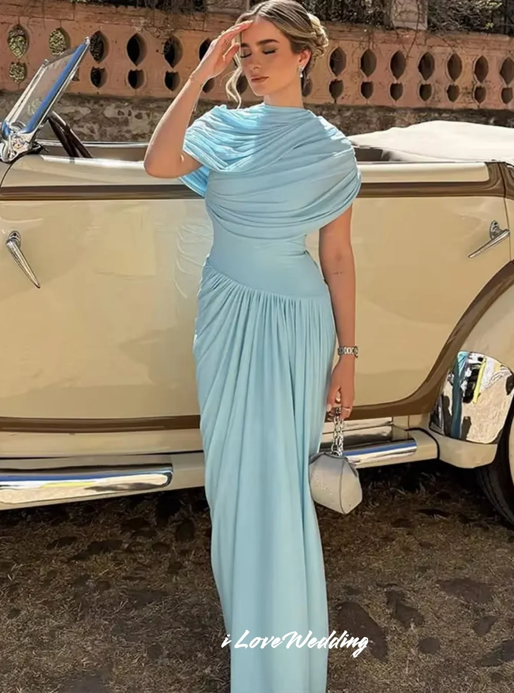 

Blue Off the Shoulder Prom Dresses 2025 Chiffon Pleated Floor-Length Mermaid Slim Fit Dresses for Special Occasions Customized