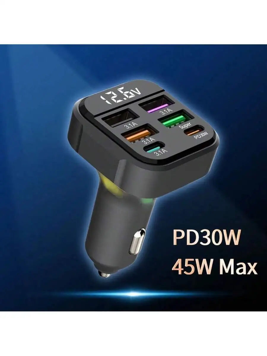 

6-Port Digital Voltage Display Car Charger, 45W Max PD30W QC3.0 Super Fast Charging For iPhone, Android, Tablet, Laptop