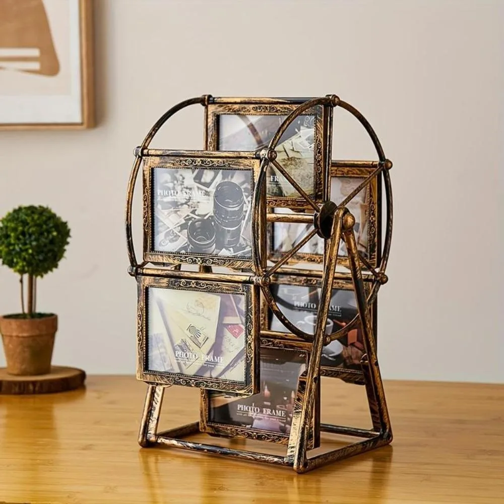 Vintage Rotating Wheel Picture Frame 5inch 12 Photos Rectangular Ferris Wheel Photo Display Frame Classic DIY Photo Organizer