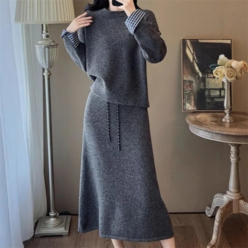 Ensemble pull paresseux automne et hiver, nouveau tempérament ample, jupe pull tricotée fine, ensemble deux pièces