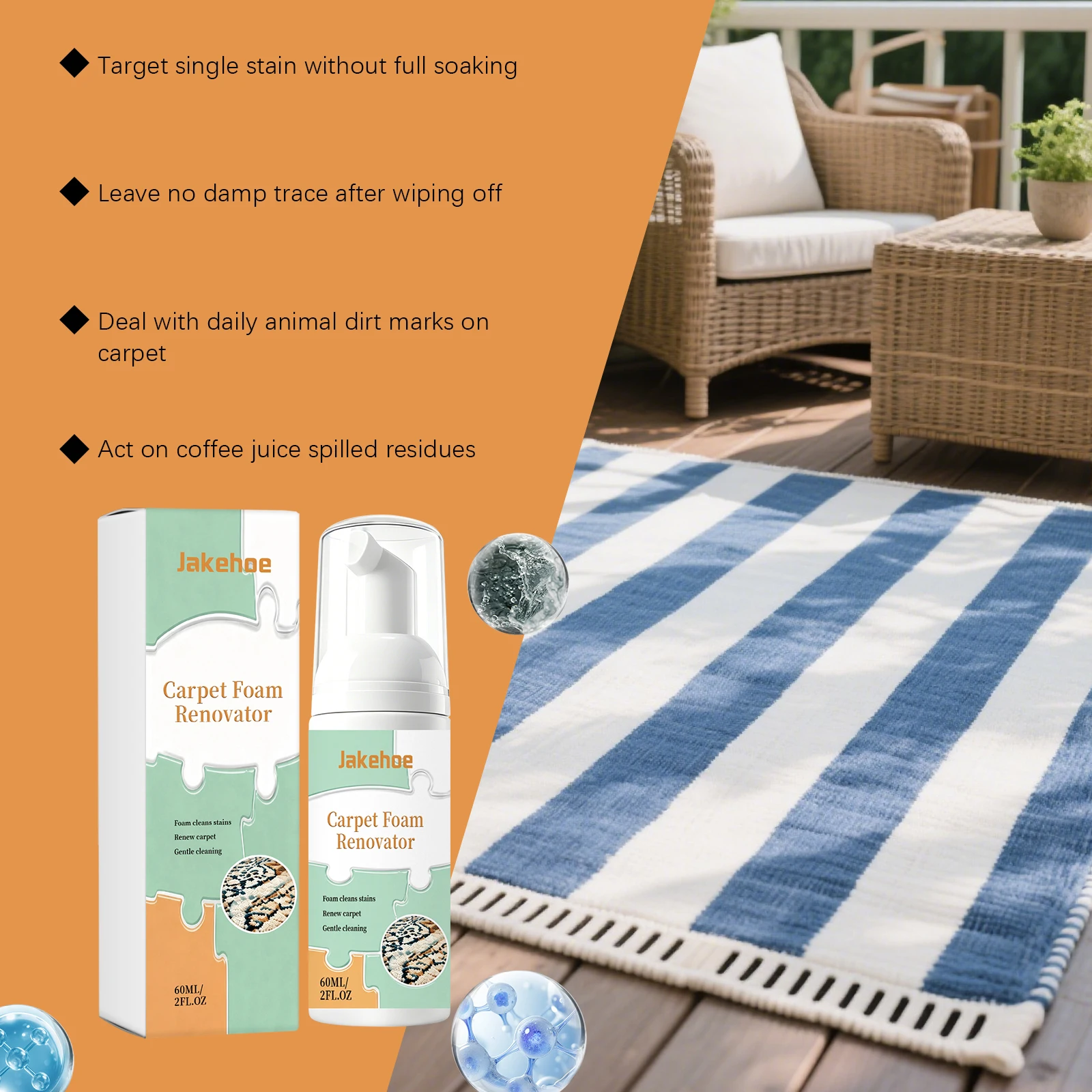 Carpet Foam Cleaner Spray No‑Rinse Rug Spot Stain Remover Fast‑Acting Deep Cleaning Daily Home Carpet Upholstery Sofa Refresher
