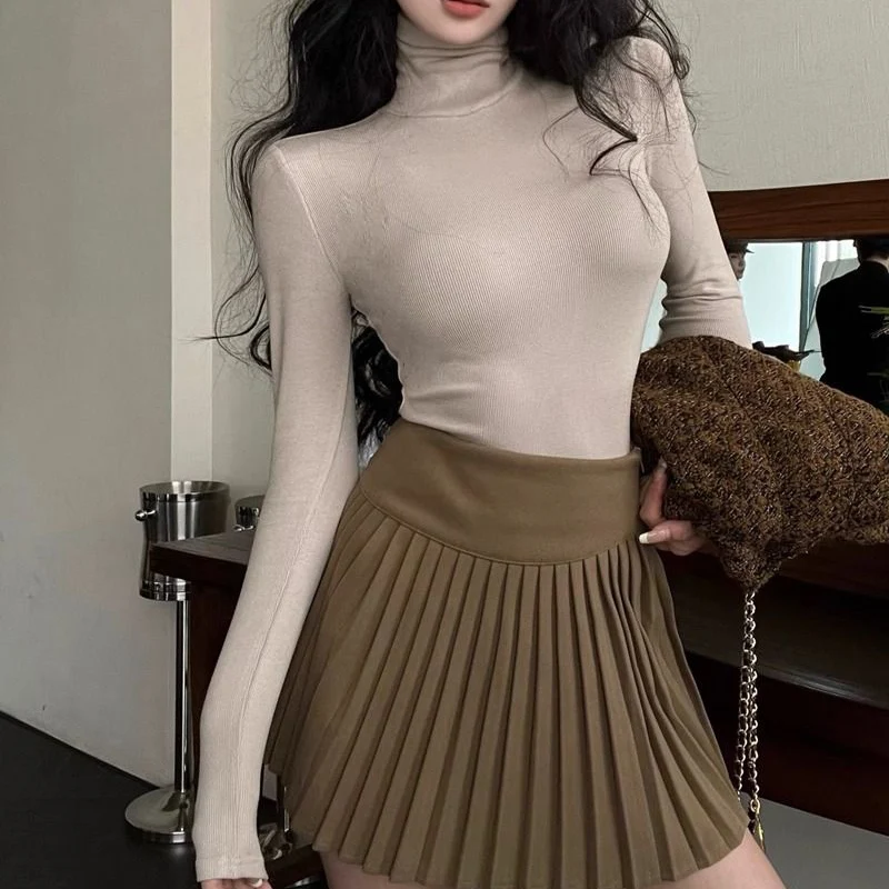 Otoño Invierno mujeres cuello alto sólido Tops mujer coreana térmica ropa de manga larga niñas cómodos jerseys elásticos