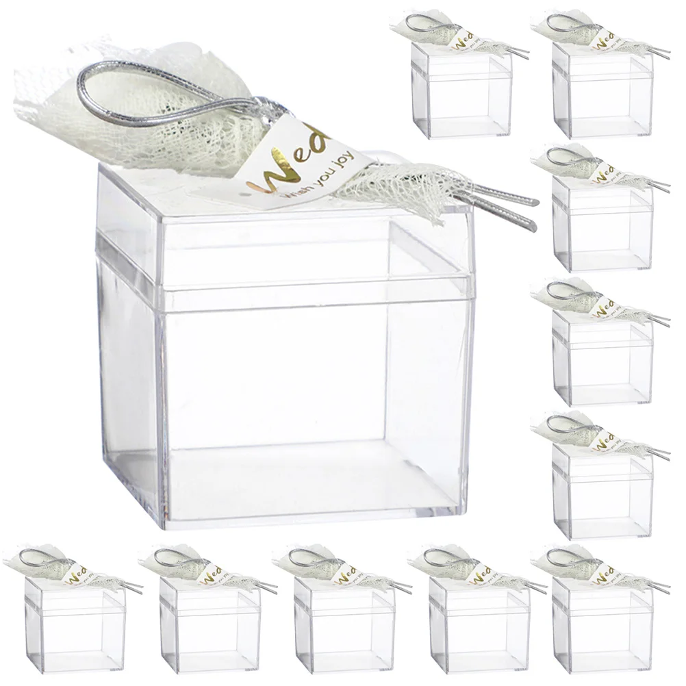 

12Pcs Clear Plastic Candy Boxes Transparent Square Containers Flower Design Wedding Party Favors Storage Gift Wrapping