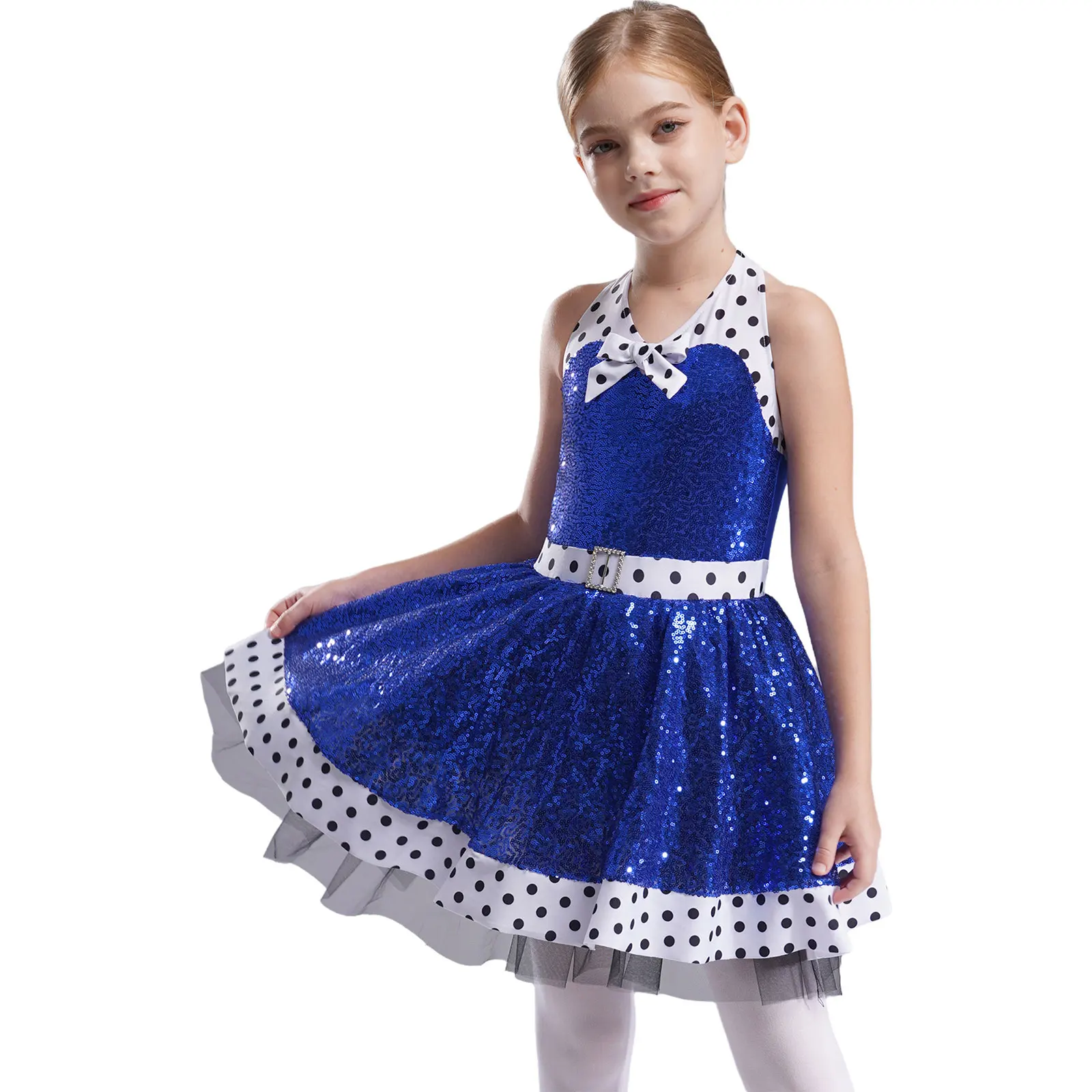 Kids Girls Glittery Sequins Dance Party Dress Sleeveless Dots Patchwork Tutu Leotard Ballroom Jazz Dancing Performance Costume