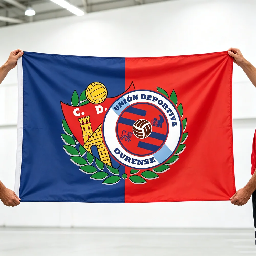 3x5 Ft UD Ourense Football Club Flag Polyester Blue Red Split Crest Design Unión Deportiva Ourense Soccer Banner for Fan Wall