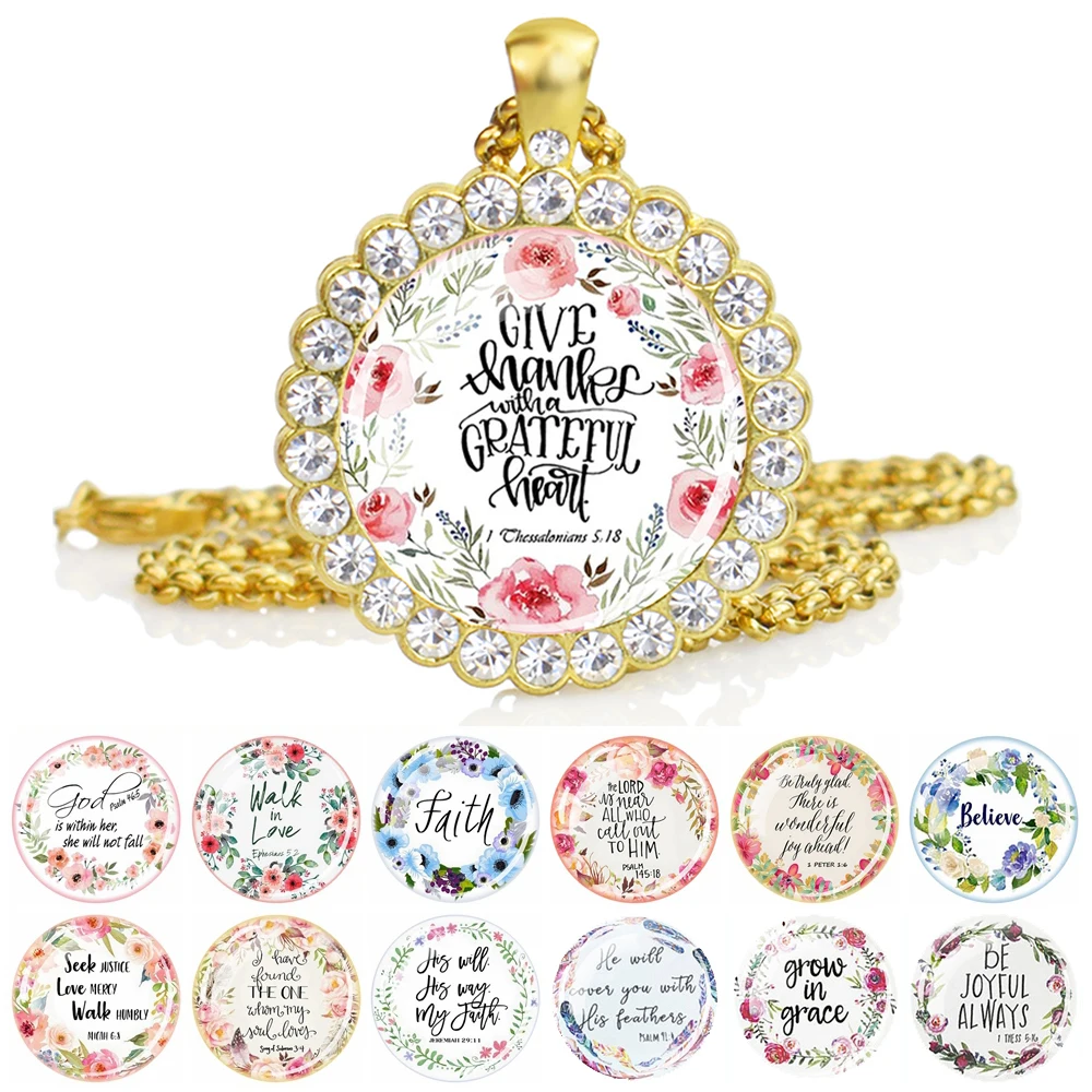 Bible Verse Necklaces Christian Scripture Psalm Glass Dome Rhinestone Pendant Charms Chains Necklace Jesus God Religious Jewelry