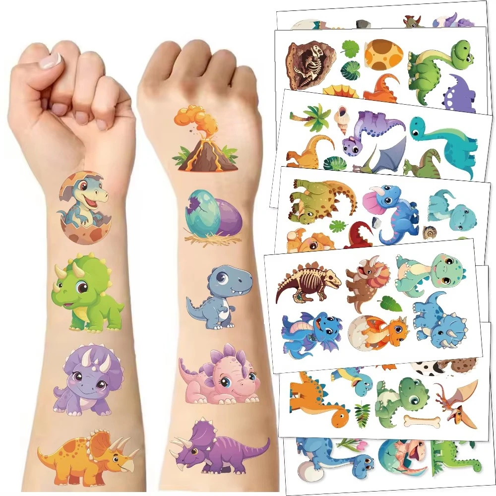 10Pcs Cute Cartoon Dinosaur Temporary Tattoo Stickers, Waterproof Personalized T-Rex Fake Tattoos for Animal Theme Party Decor