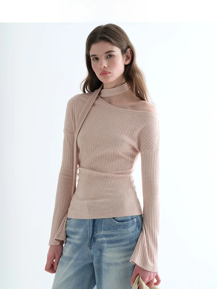 

Розовая женская футболка с длинным рукавом, приталенного кроя, весенняя, с дизайнерским акцентом, в стиле Lazy Sle, с драпировкой на плечах, повседневная, свободного кроя, бренд Jiujiu